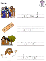 Jesus Heals the Paralyzed man picture clue read and trace worksheets